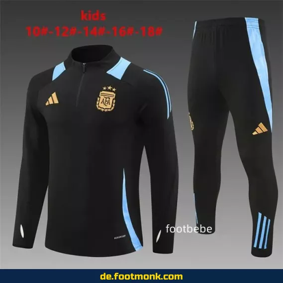 Argentinisches Kinder-Fußballtrainingsanzug-Set 2024/2025 – Halbzip Schwarz | Günstige Fußballtrikots für Kinder | Nike/Adidas Vereinstrikots