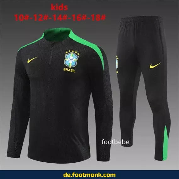 Brasilien Kinder Trainingsanzug 2024/2025 - Fußballtrikot Set Schwarz | Günstige Fußballtrikots für Kinder
