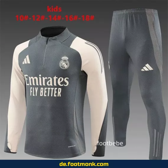 Real Madrid Kinder Trainingsanzug 2024/2025 – Grau Halbzip – Fußballtrikot für Kinder – Günstige Vereinstrikots – Authentische Fussballtrikots